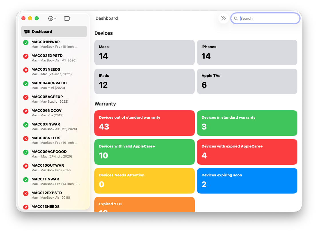 ABM Warranty filtering and sorting view