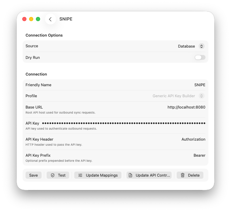 API Builder step 1 for connection basics and API key authentication