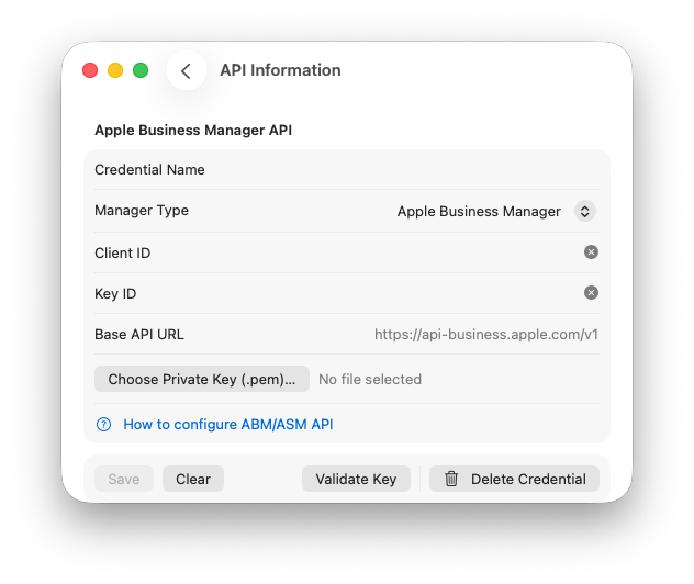 Credentials validation panel in ABM Warranty