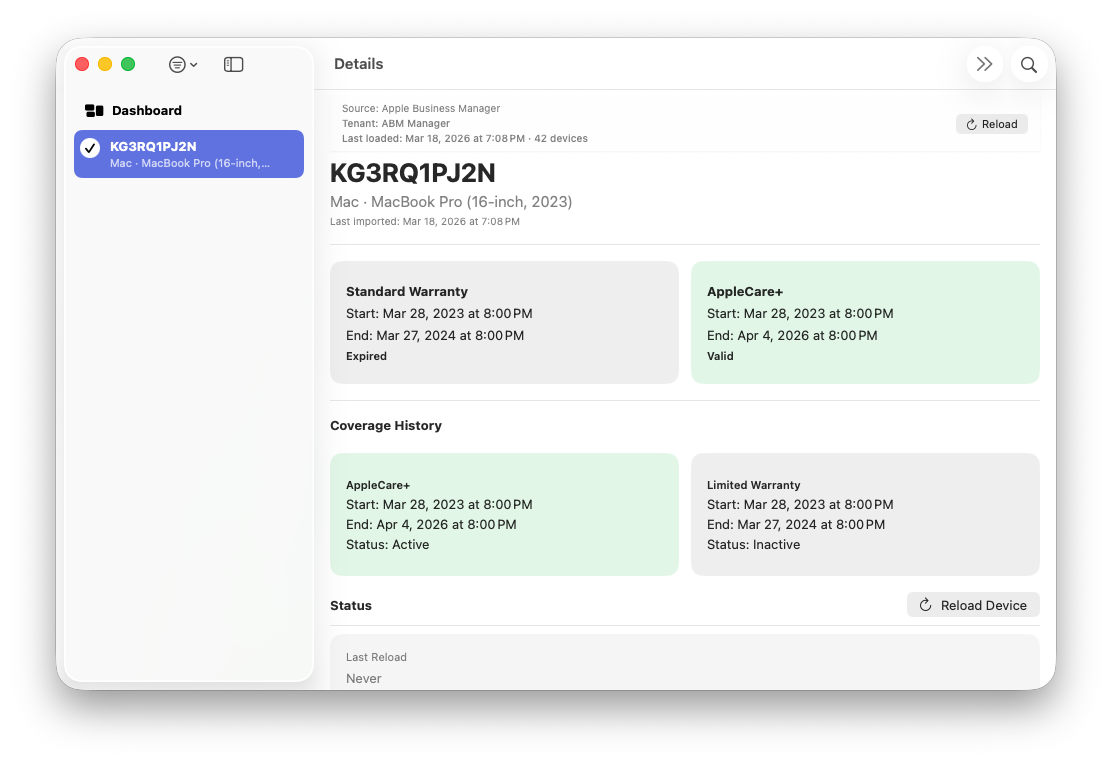AppleCare+ renewals status view in ABM Warranty