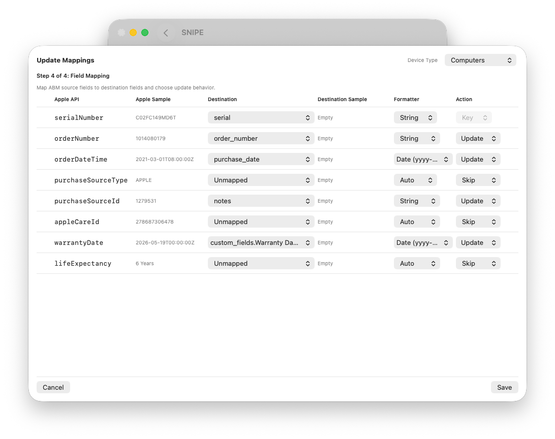 Update Mapping fields for warranty and purchasing data