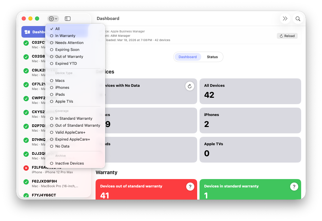 Filter options in ABM Warranty