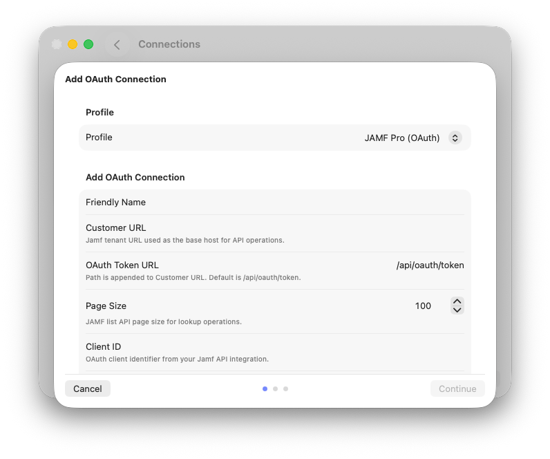Enter the information into the JAMF API Connection Wizard