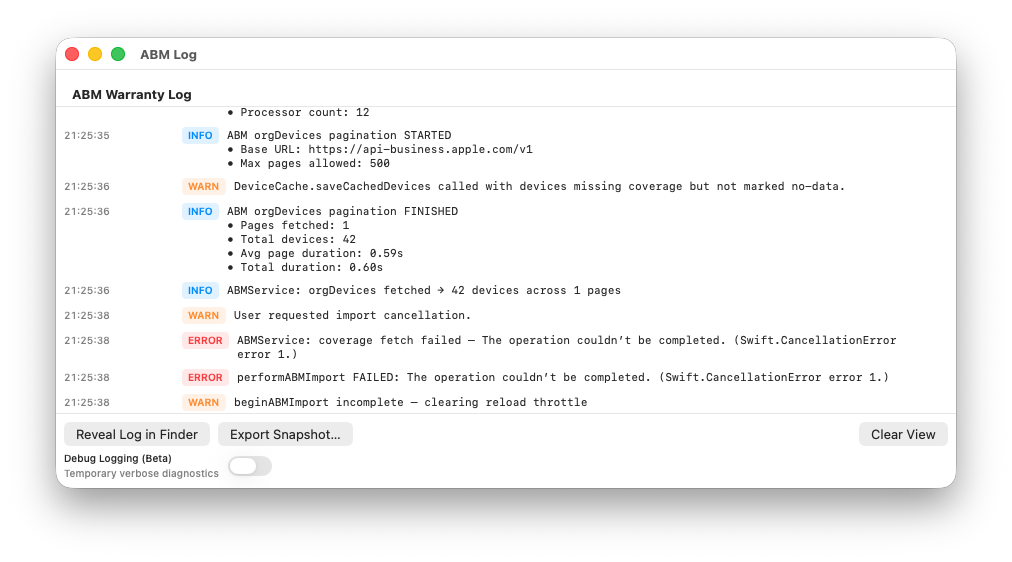 Log viewer in ABM Warranty
