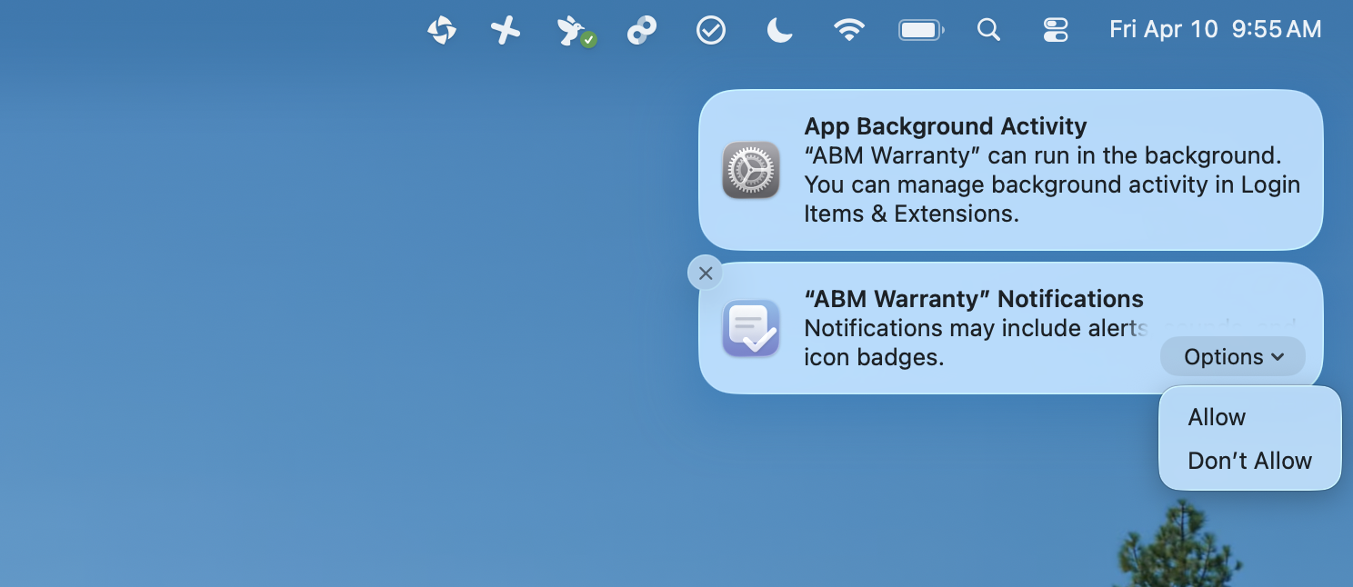 Allow notifications banner for ABM Warranty