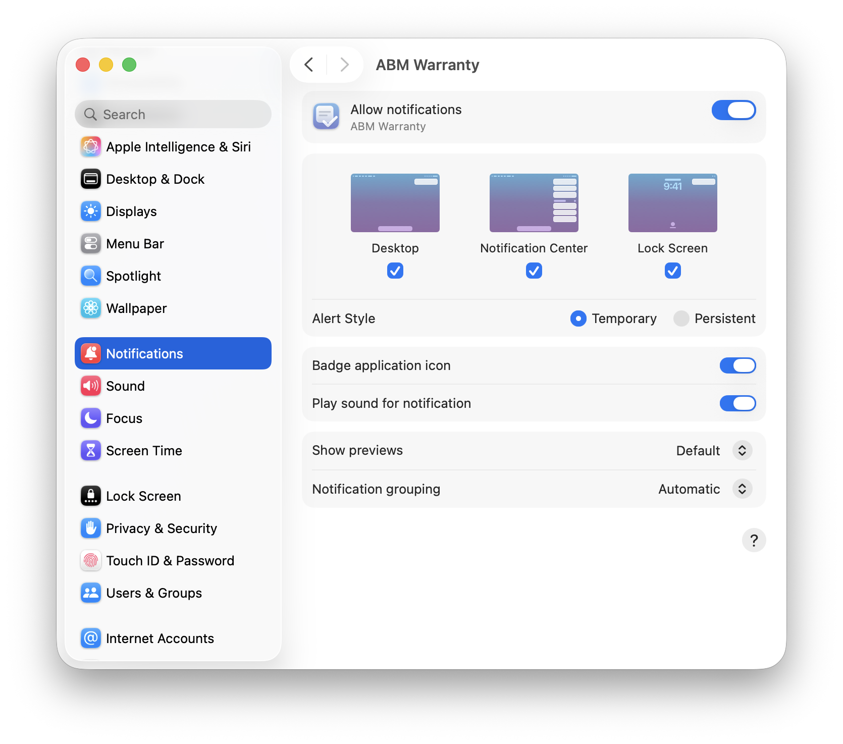 ABM Warranty notification controls in macOS System Settings