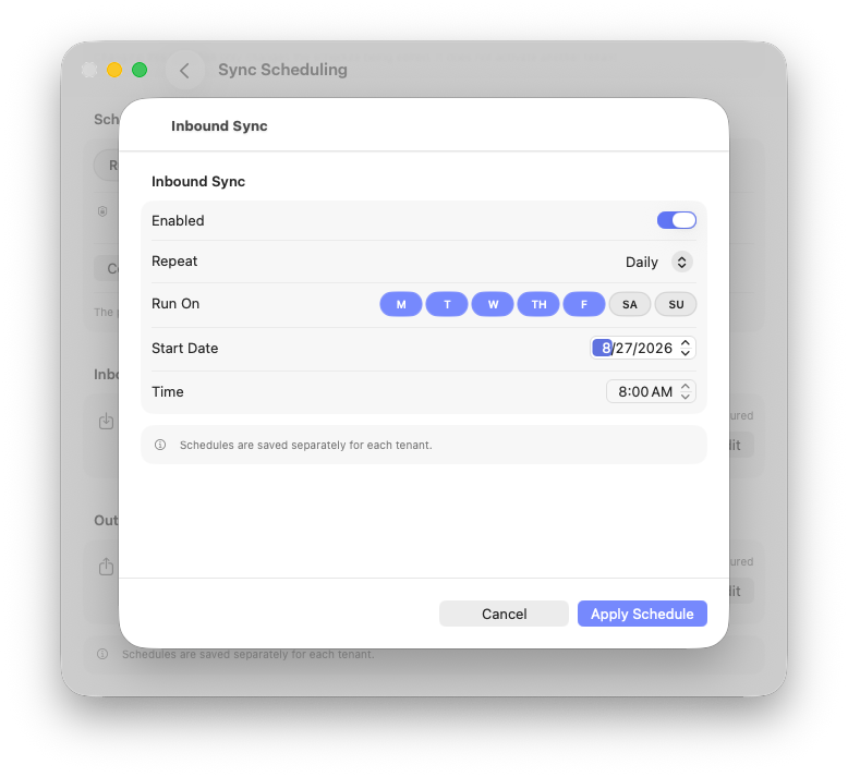 Inbound Sync editor with enabled, repeat, weekday, start date, and time controls