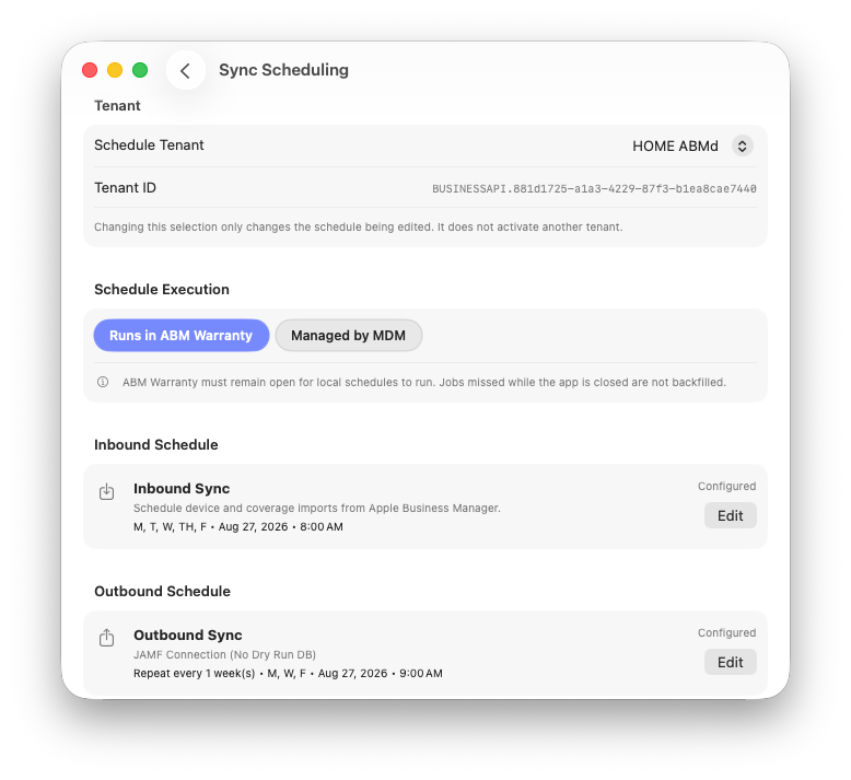 Runs in ABM Warranty selected with configured inbound and outbound schedule summaries