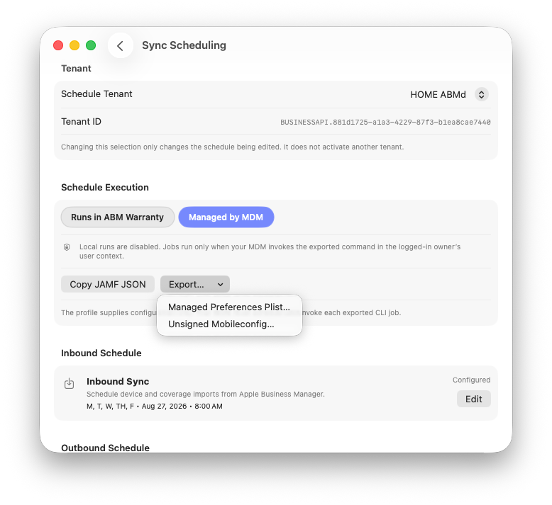 Managed by MDM selected with Copy JAMF JSON and managed preferences export choices