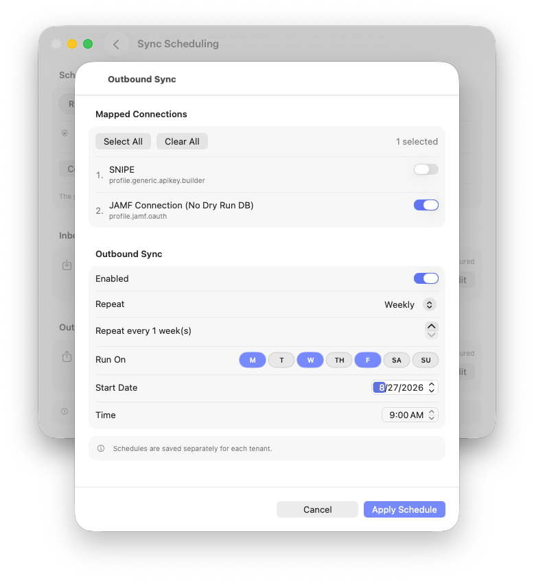 Outbound Sync editor with mapped connections and weekly recurrence controls