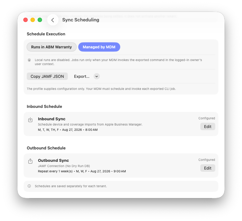 Sync Scheduling summary with configured inbound and outbound schedules