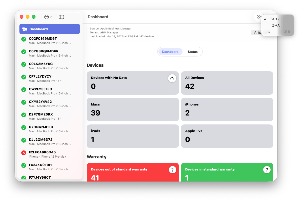 Sort options in ABM Warranty