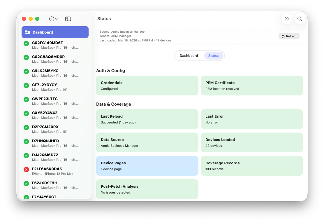 Status Dashboard view in ABM Warranty